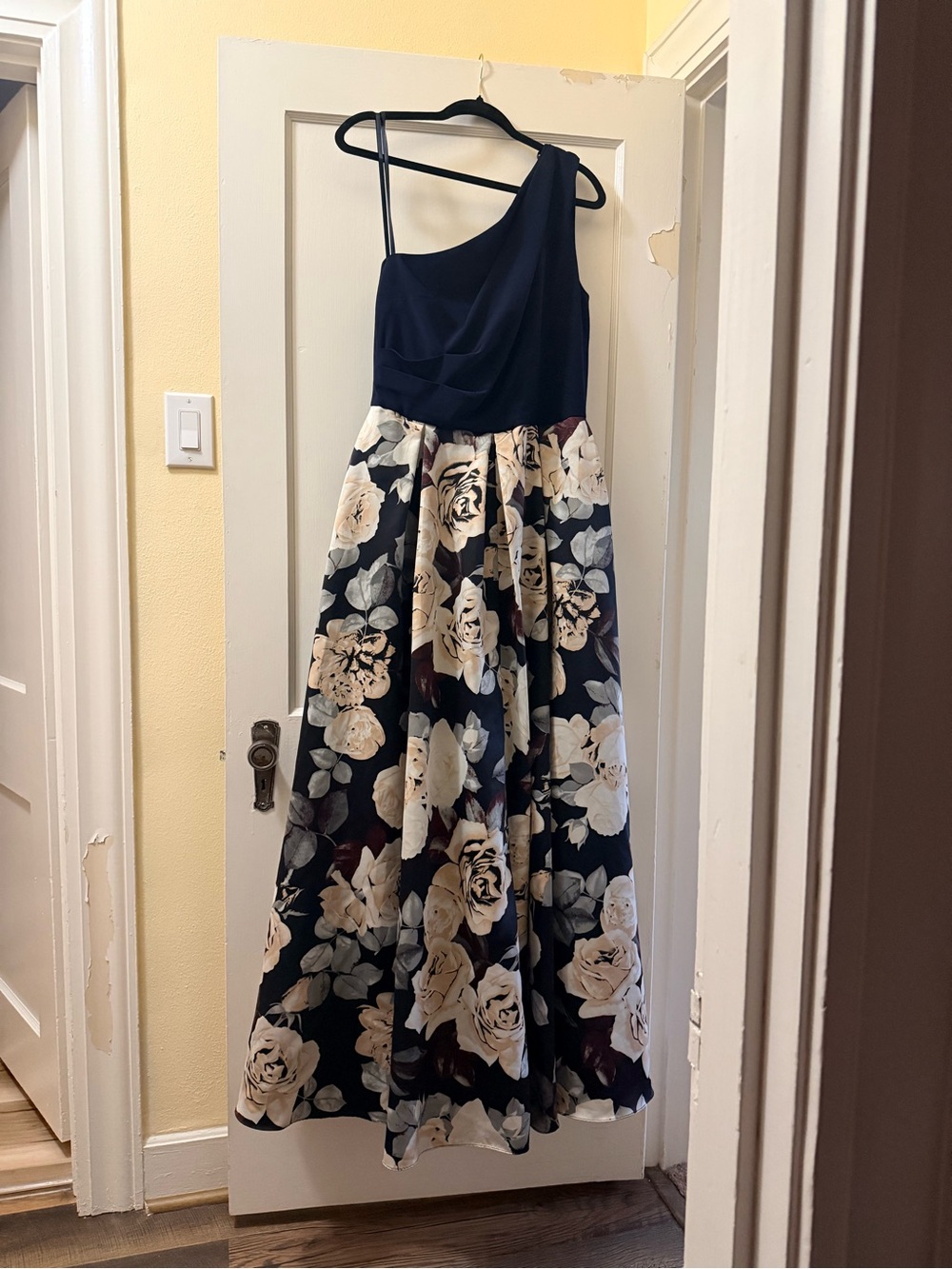 Betsy & Adam Navy One-Shoulder Gown with Cream Floral Skirt